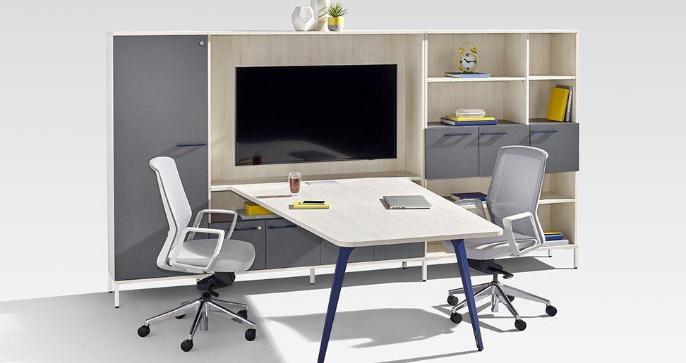 Tayco Halifax V-leg AV meeting table with storage wall
