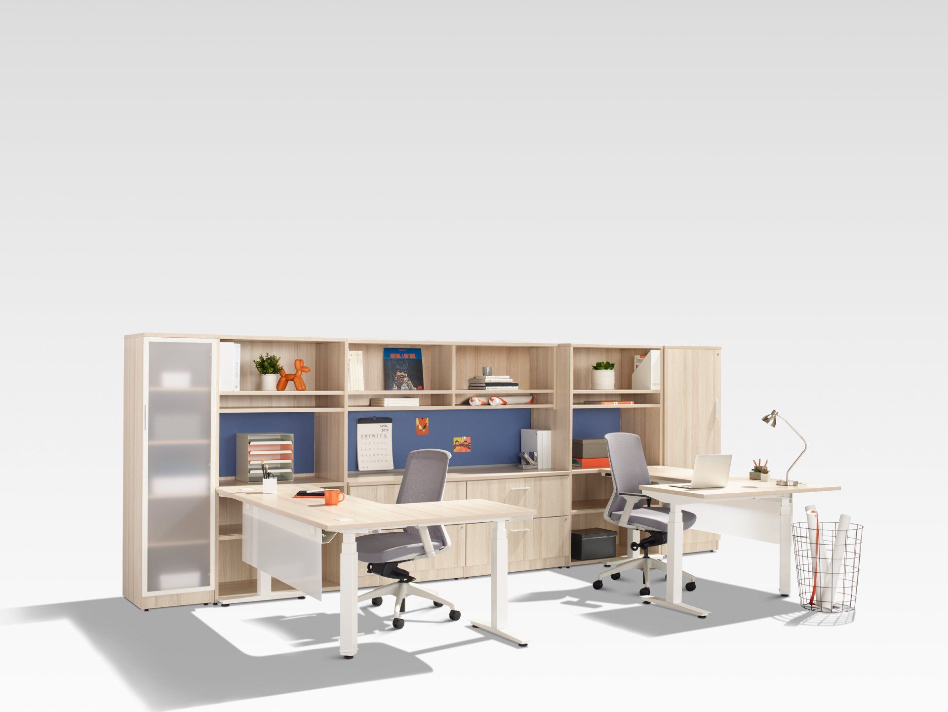 Metro dual adjustable L-shape desks with shared storage wall