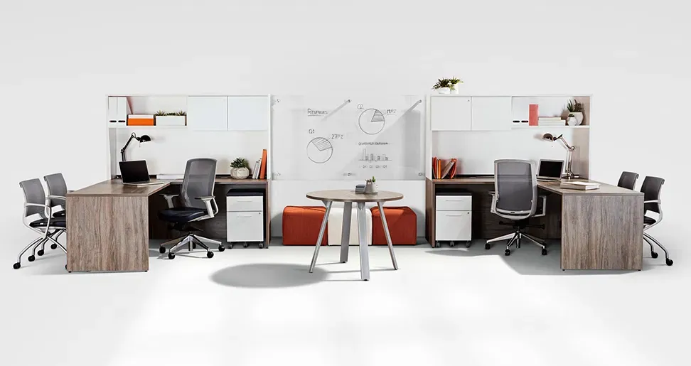 Metro dual L-shape desks with shared meeting table