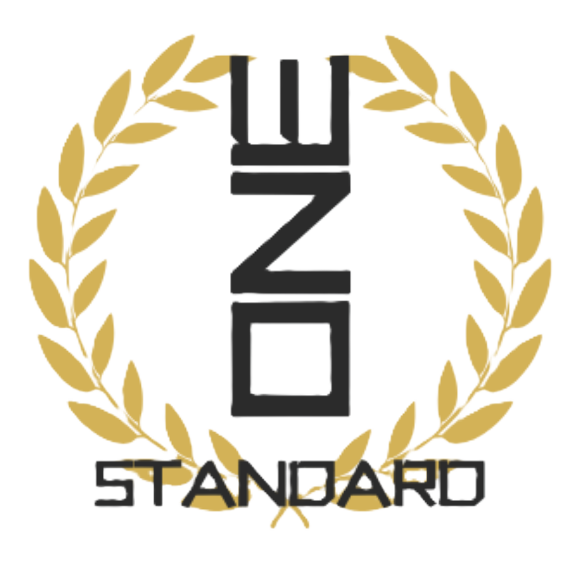 Gold laurel wreath around black vertical logo text above &ldquo;STANDARD&rdquo; on white background