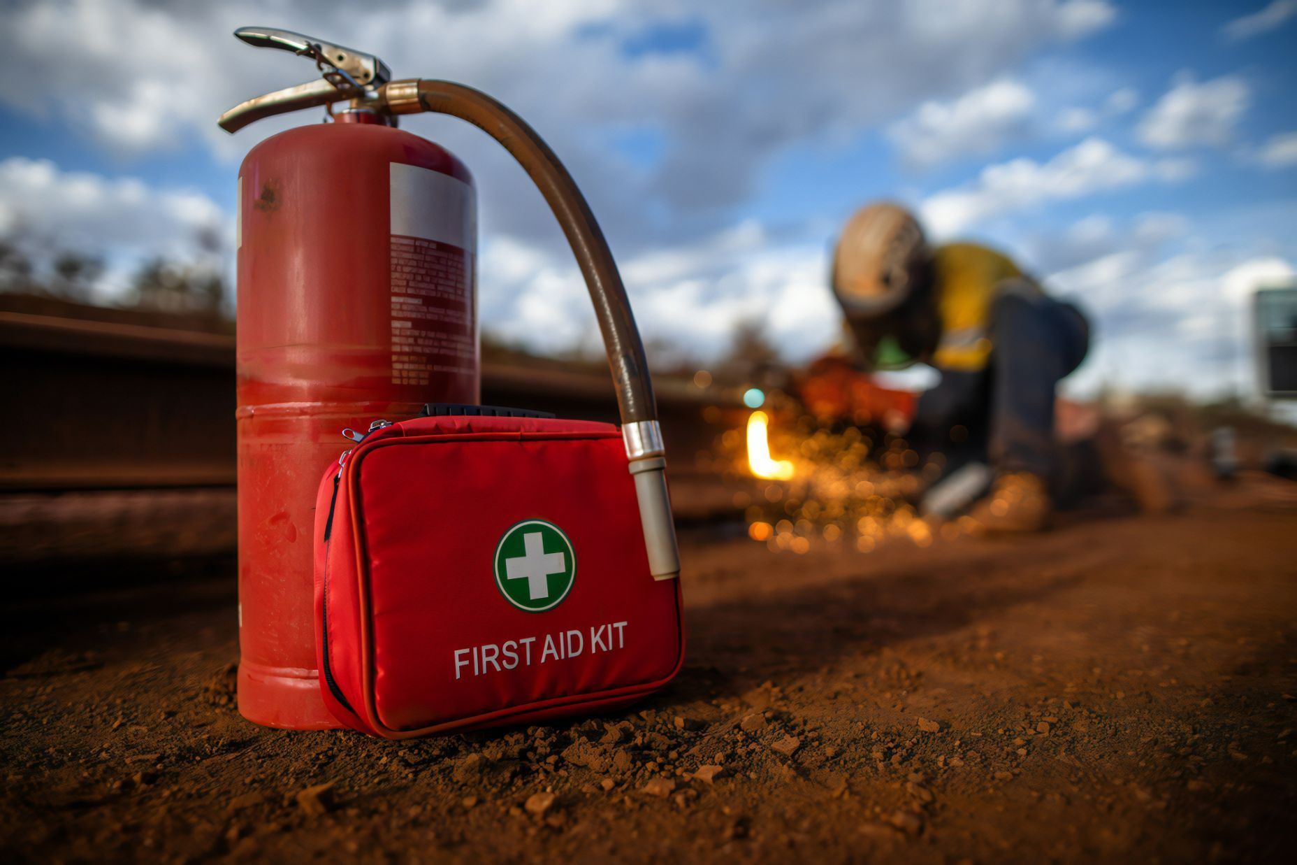 Safe Workplace Red First Aid Kit Together with Fire Extinguisher— Revive Training in Alstonville, NSW