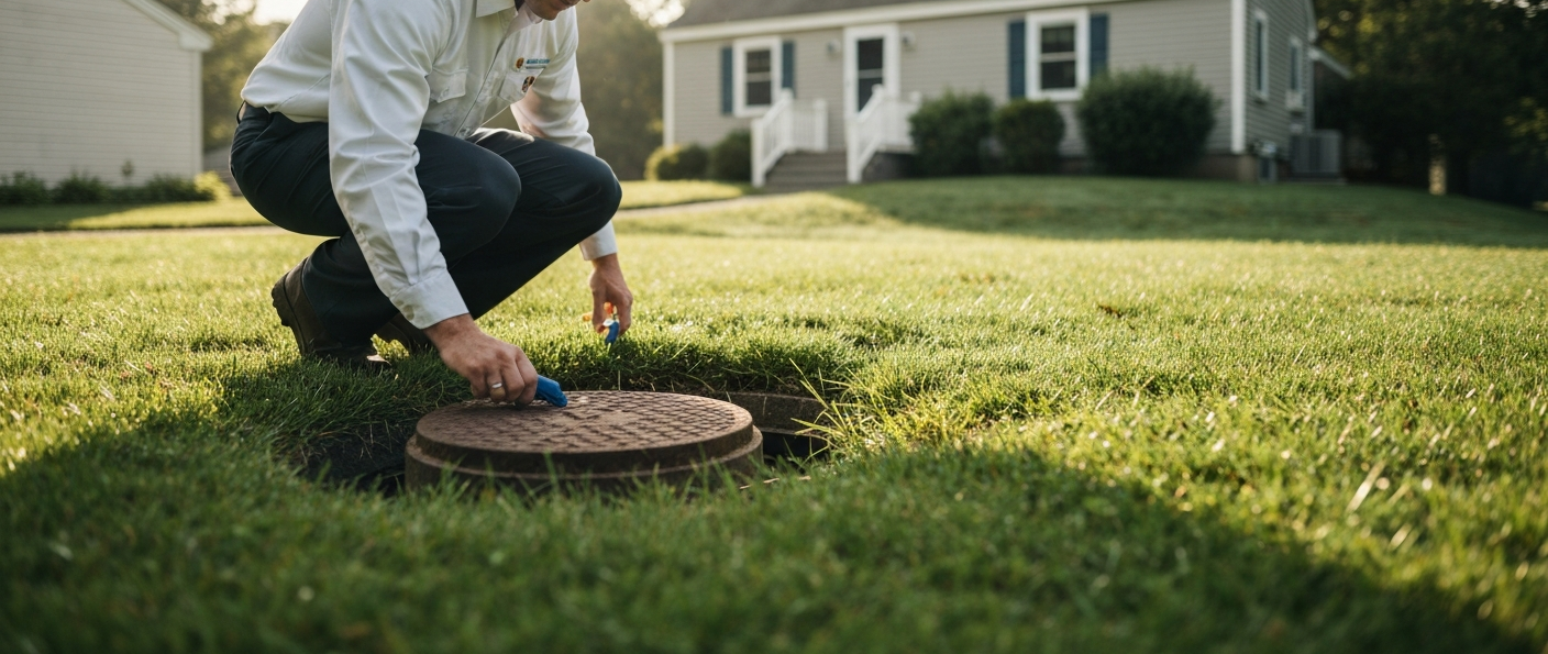 A freshly dug hole in grassy ground with a yellow measuring tape standing upright in the center.