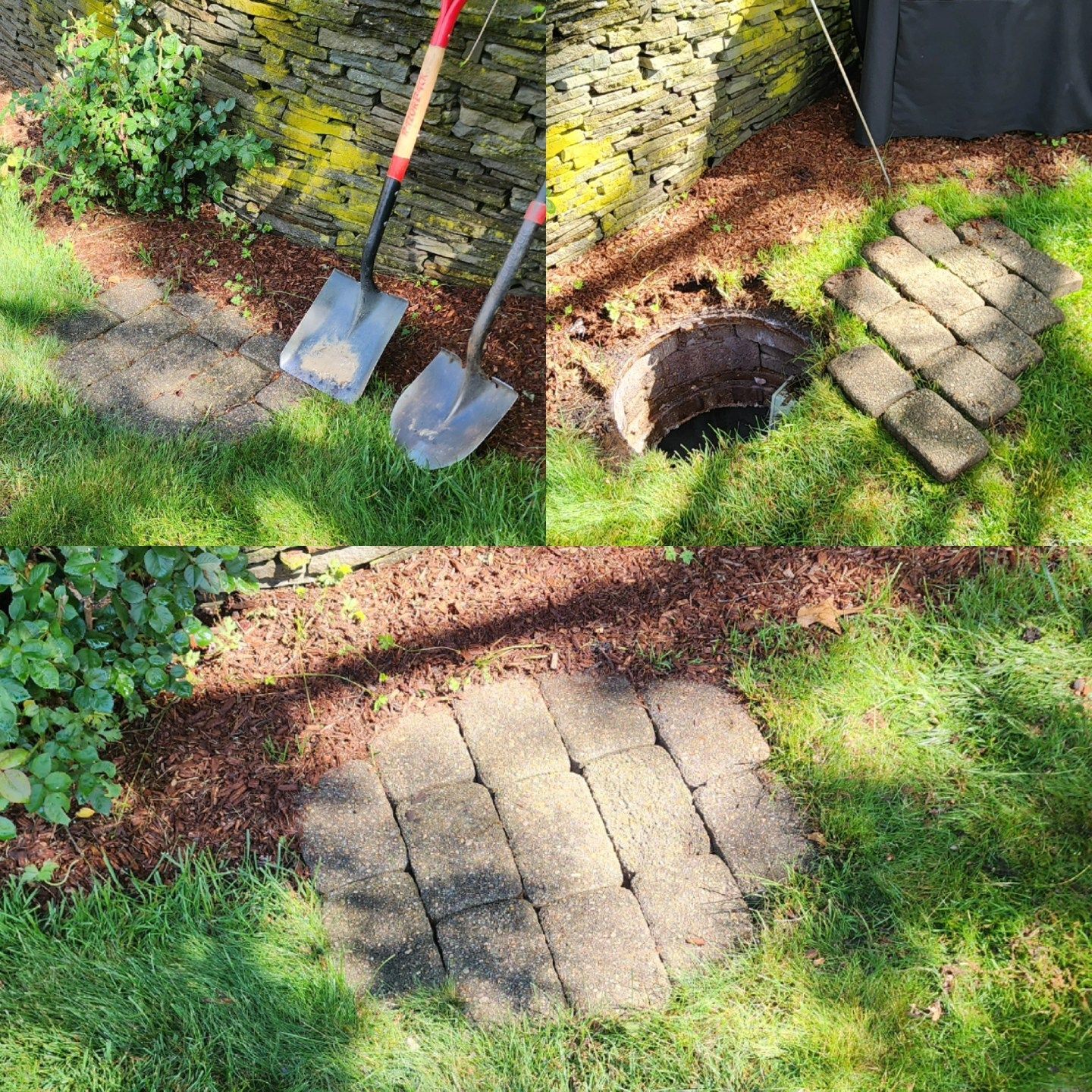 Two shovels beside a brick patio, with a dug hole and scattered soil in a sunny garden