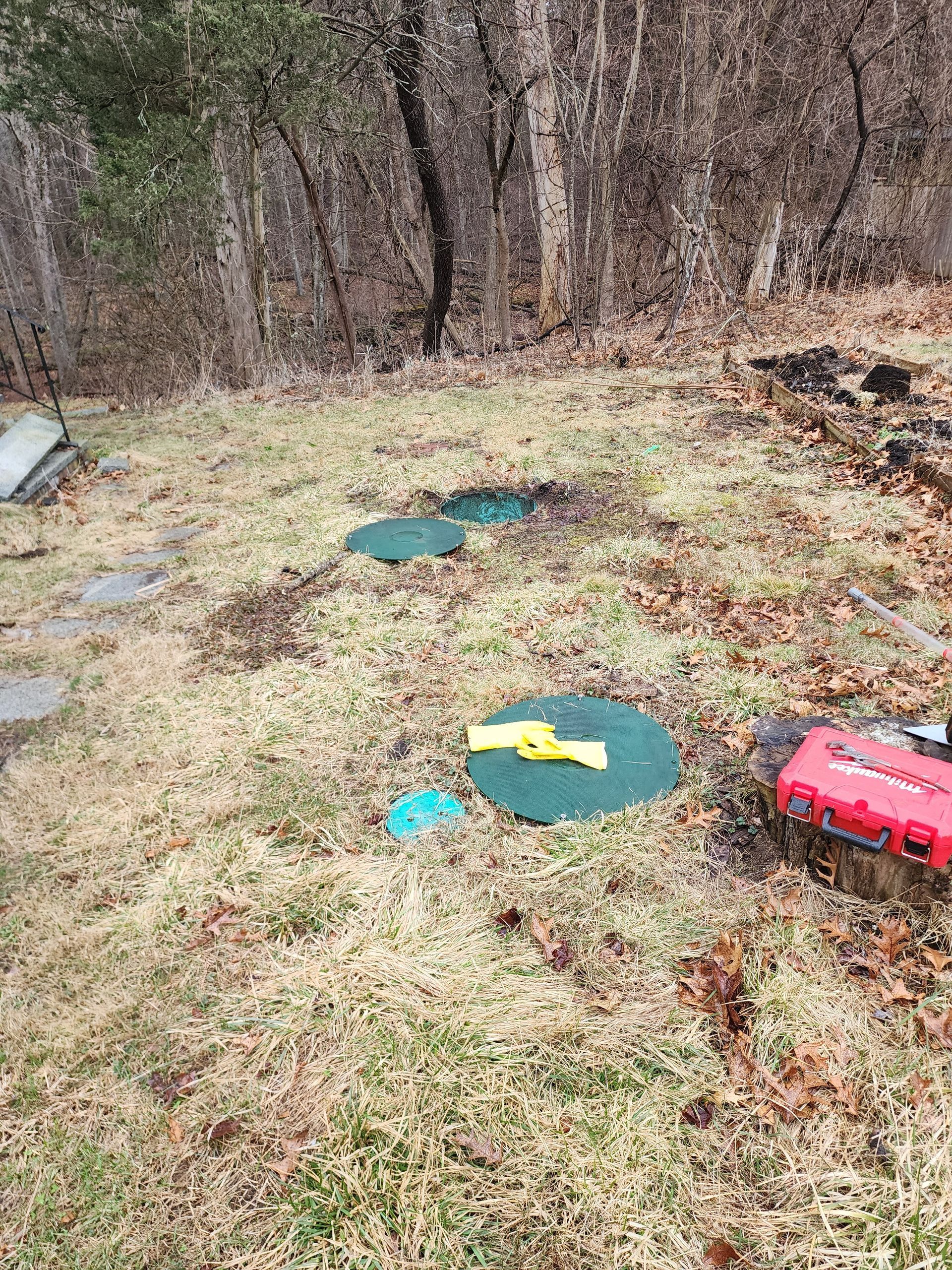 Outdoor yard with green utility covers, a yellow object, and a red toy truck near brush and trees