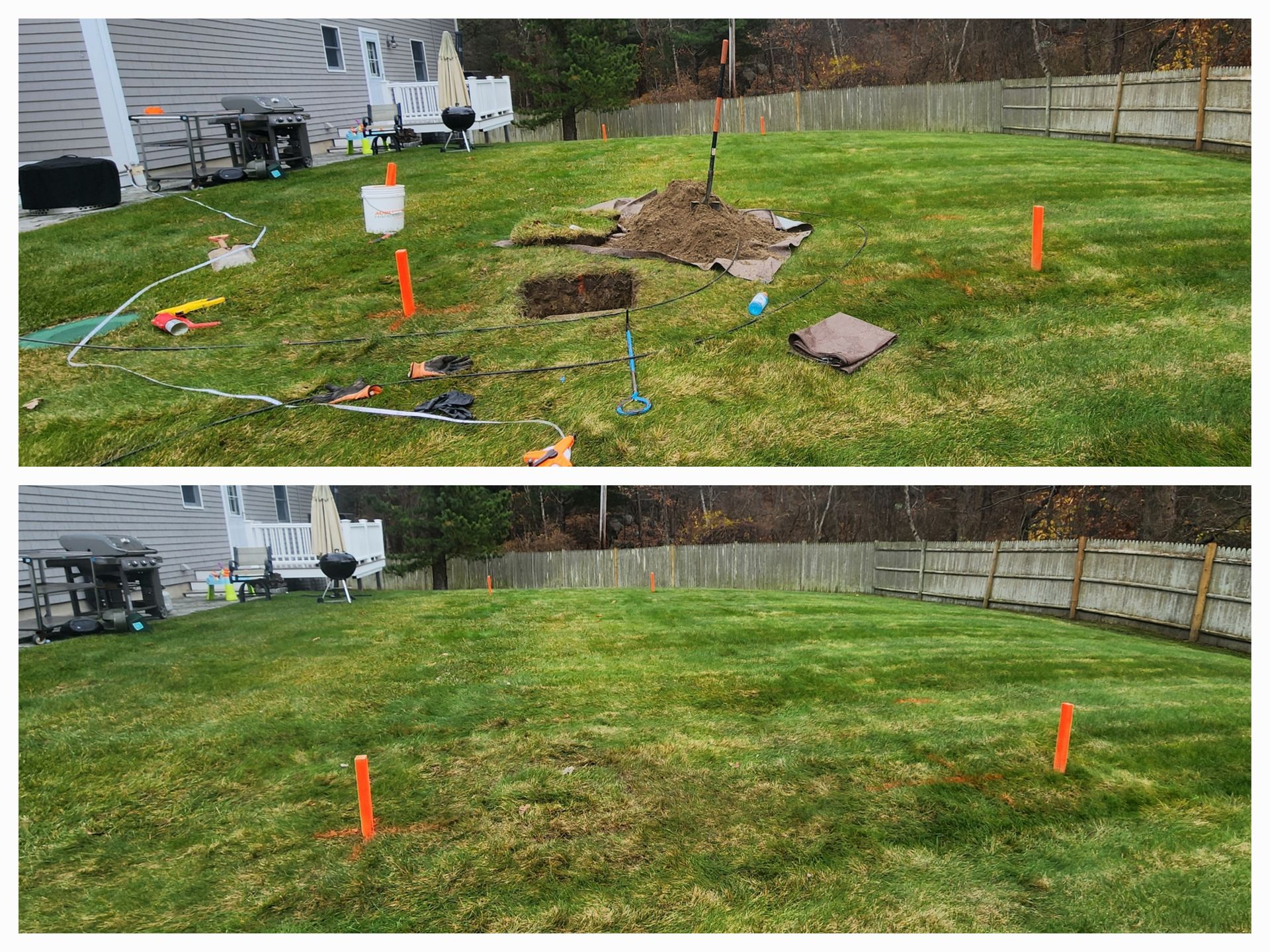 Before-and-after lawn cleanup: debris and tools removed from a grassy yard with orange markers.