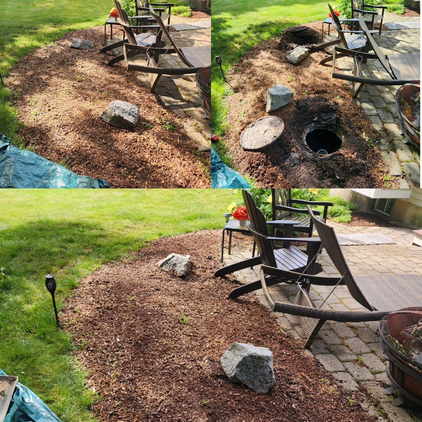 Backyard mulch bed with large rocks beside patio chairs and a fire pit hole