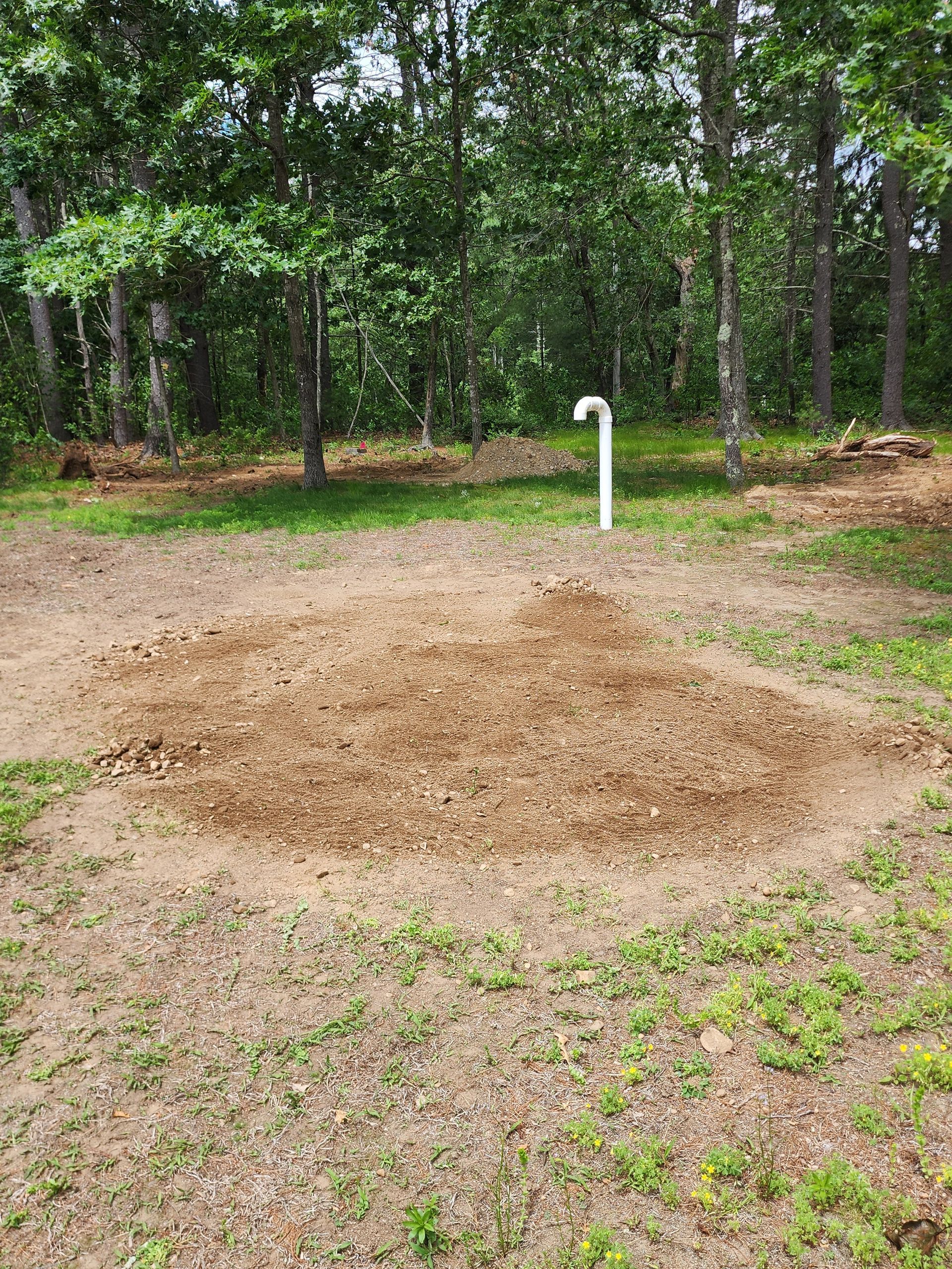 Backyard dirt mound with a white pipe in a grassy clearing near trees
