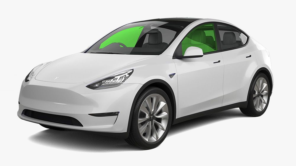 A white tesla model y with a green window on a white background.