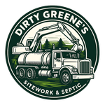 Logo for Dirty Greenes Sitework and Septic. Features an excavator, tank, and company name in a green and black circular design.