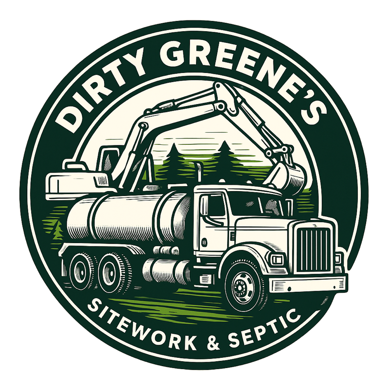 Logo for Dirty Greenes Sitework and Septic. Features an excavator, tank, and company name in a green and black circular design.