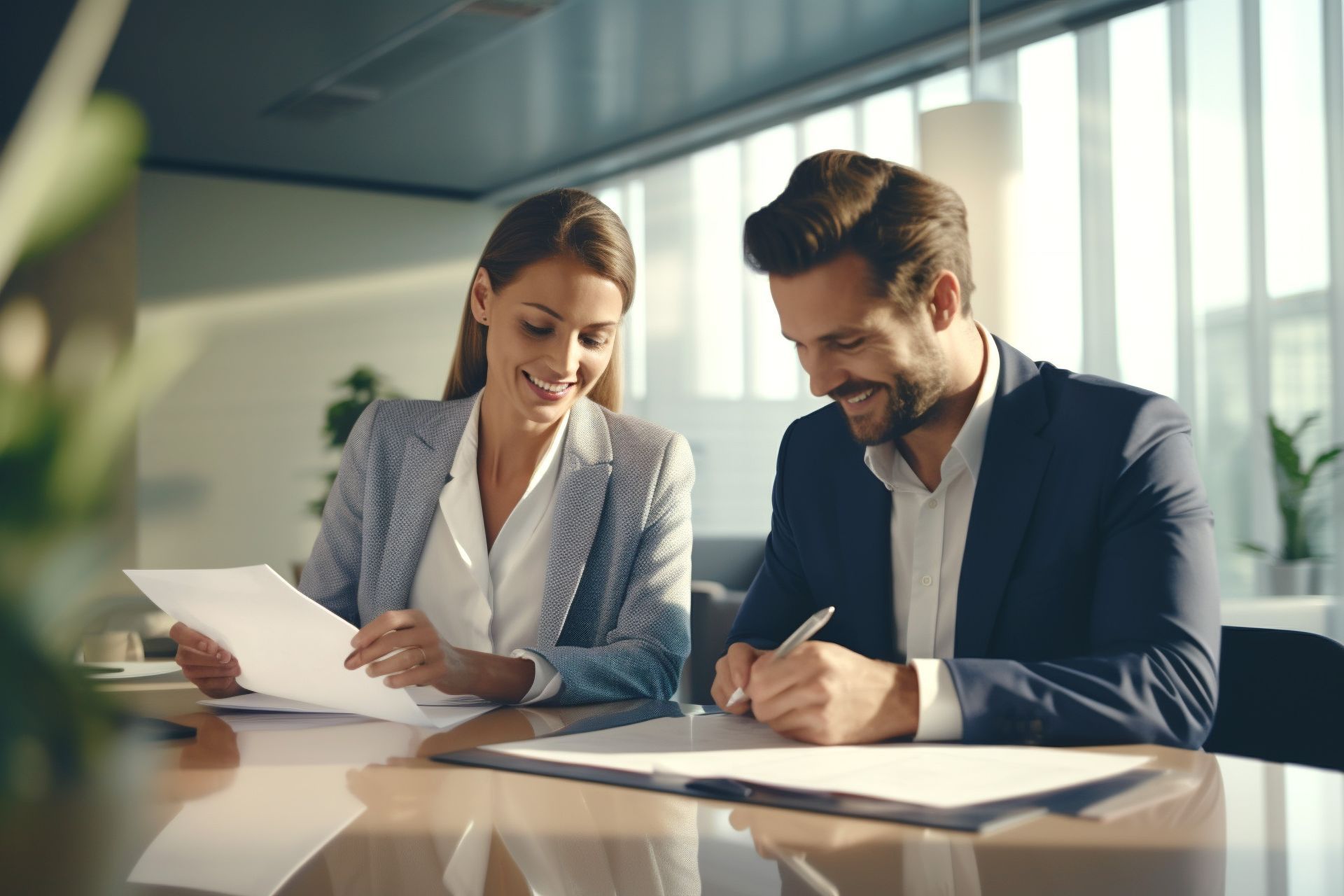Un homme et une femme sont assis à une table et signent un document.