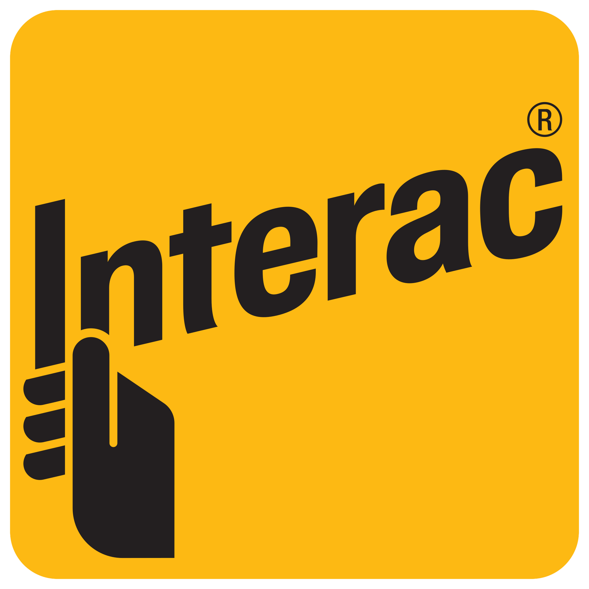 Un logo Interac jaune avec une main dessus