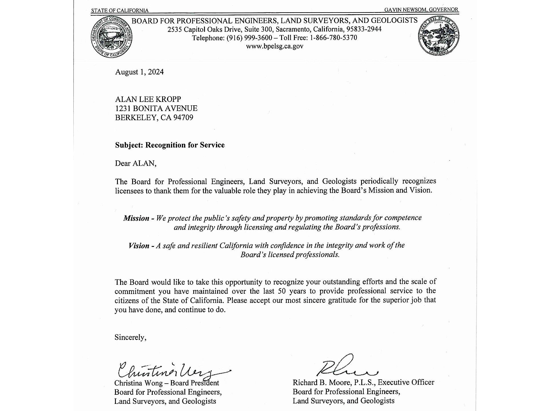 AK 50 Year Professional Engineer Award Letter