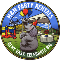 A logo for m & m party rentals with an elephant holding balloons
