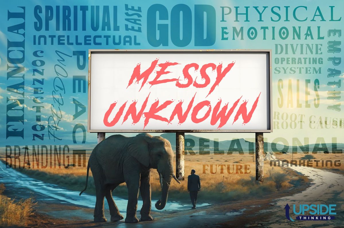 An elephant is standing in front of a billboard that says messy unknown