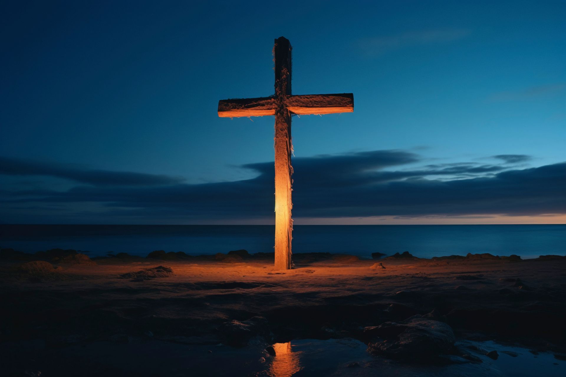 A wooden cross is lit up at night on a beach near the ocean.