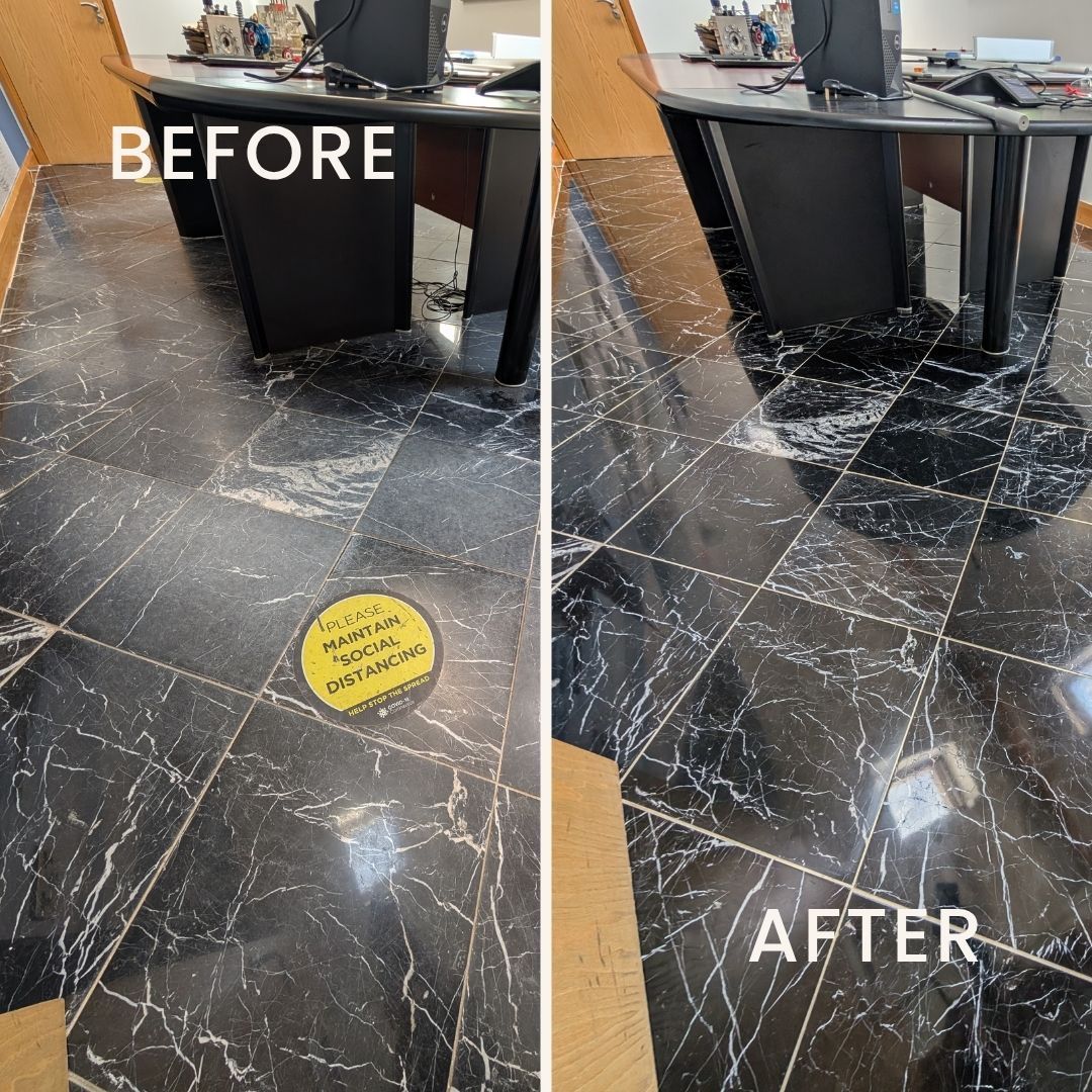 Before and after transformation of a black marble floor in an office building in Oldham. The left image shows a dull, stained surface before professional deep cleaning. The right image reveals the floor beautifully polished to a high sheen and sealed by Quality Tile Care, restoring its natural elegance and durability