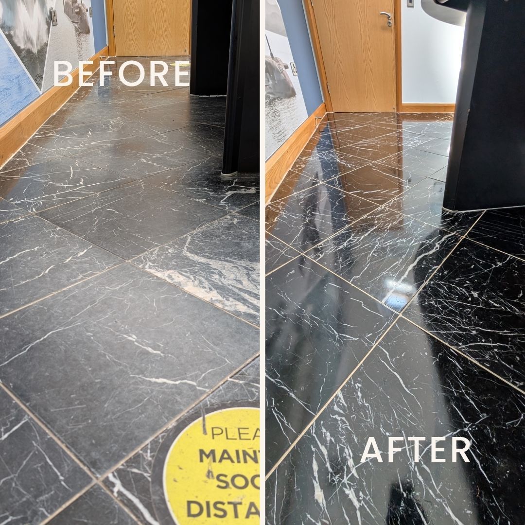 Before and after comparison of a marble floor restored by Quality Tile Care. The left image shows the floor dull, stained, and worn before deep cleaning. The right image showcases the same floor after professional cleaning, polished to a high sheen, and sealed for long-lasting protection.