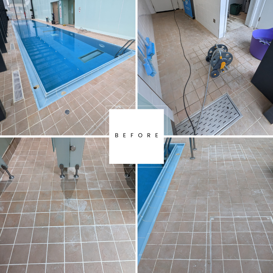 Swimming pool and spa area tiles and grout restoration deep cleaning sealing at Deansgate LivingWell Health Club - Hilton Manchester Deansgate