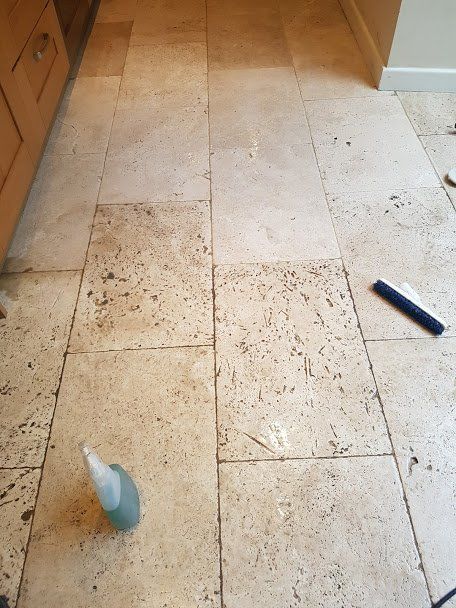 Unfilled Travertine Floor Cleaned, How Do You Clean Travertine Floors And Grout