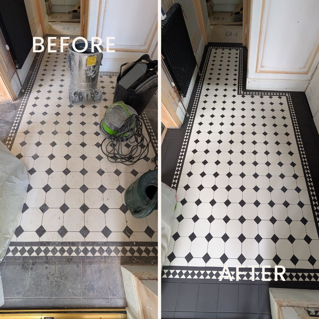 Before and after images of a tiled floor showing grout haze, and adhesive residue removed