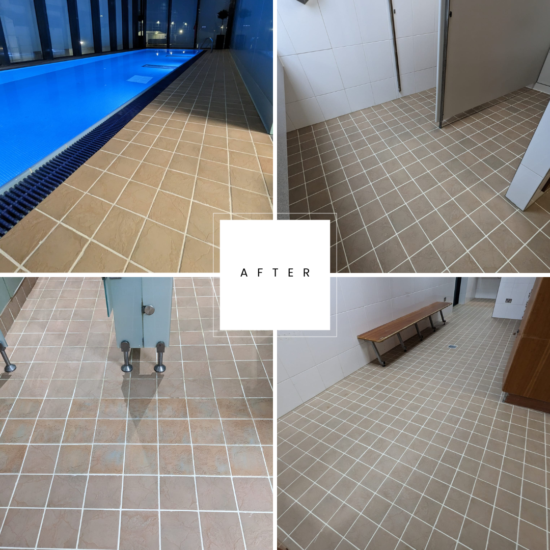 Swimming pool and spa area tiles and grout restoration deep cleaning sealing at Deansgate LivingWell