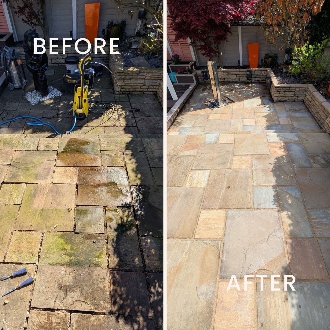 Worn patio area with patchy grout and weather-stained stone, lacking uniformity and definition. Uniform, bright patio surface on the right with consistent grout lines and protected finish after full restoration treatment.