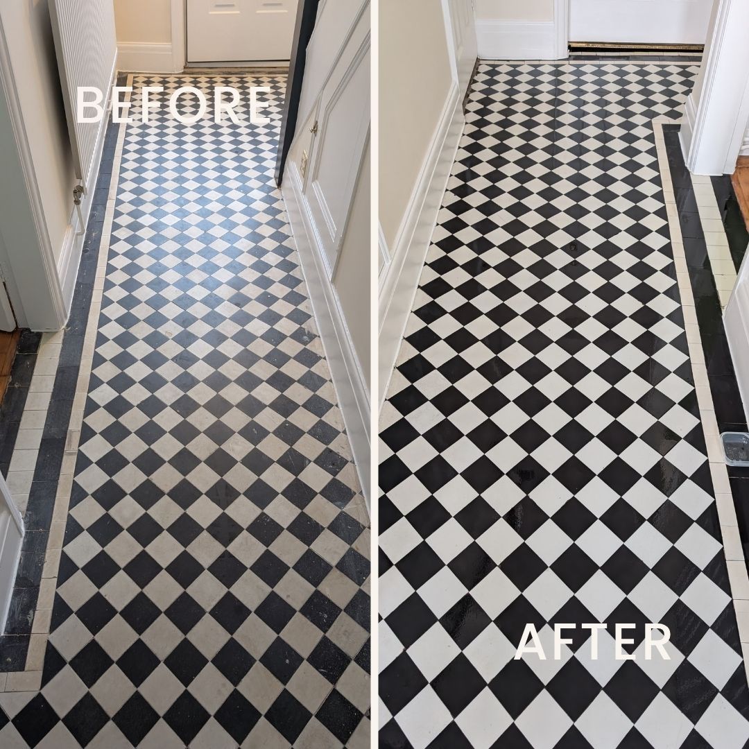 Victorian tiled hallway restoration in St Helens – professional cleaning and sealing showing enhanced colour and natural matt finish.