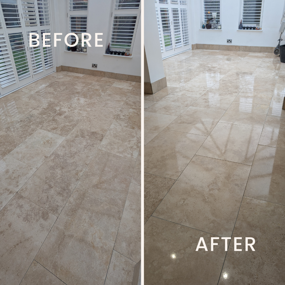 Before and after comparison of a travertine floor restored by Quality Tile Care. 