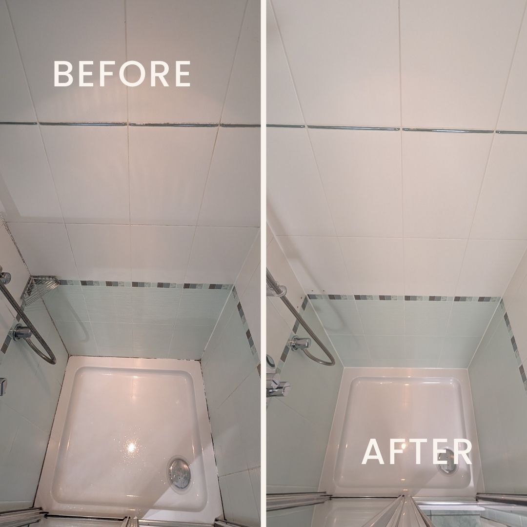 Before and after photo of a shower cubicle renovation showing the dramatic transformation — from mould-stained tiles, grout, and silicone to a clean, freshly sealed and restored shower area with new silicone.