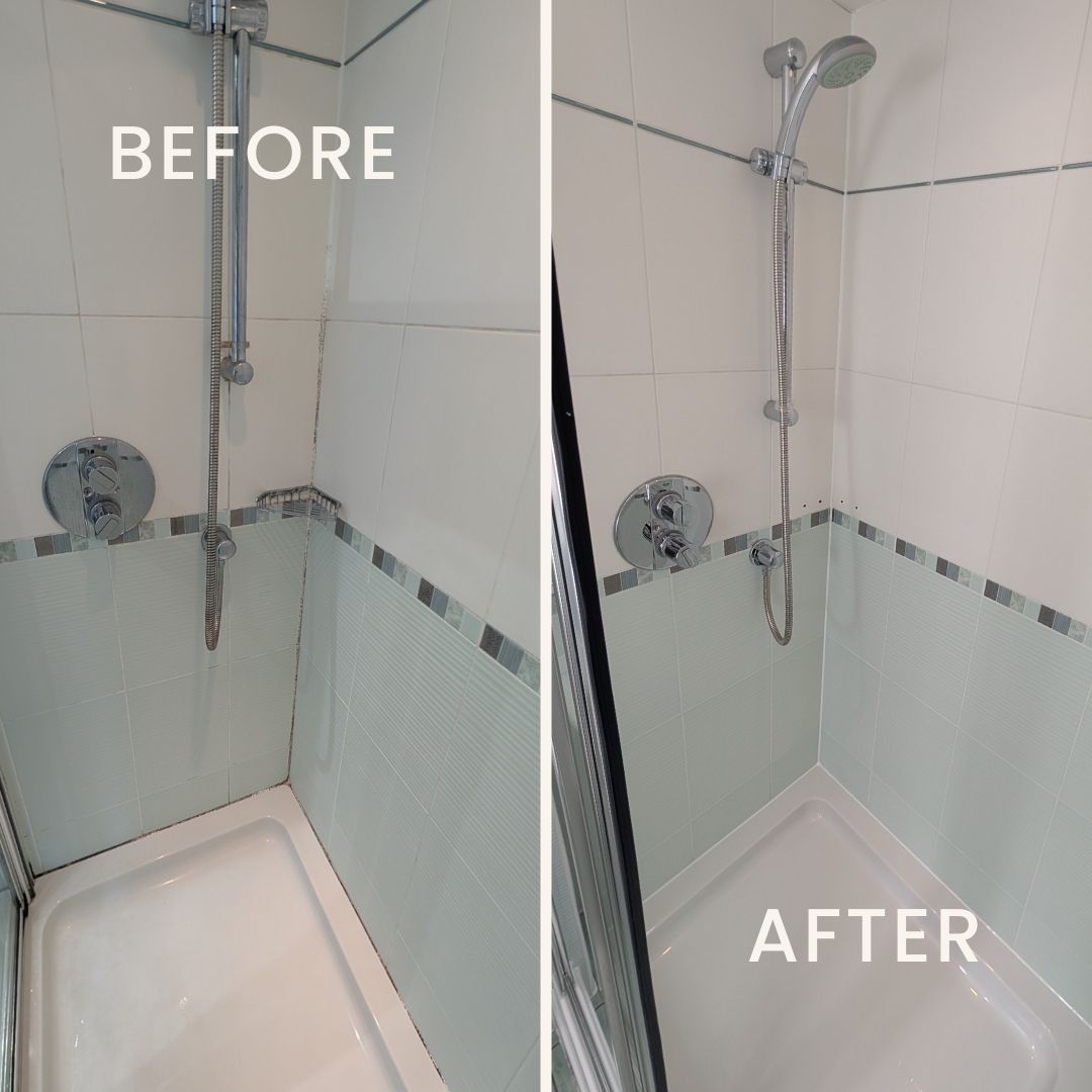 Before and after photo of a shower cubicle after deep clean, seal and fresh silicone