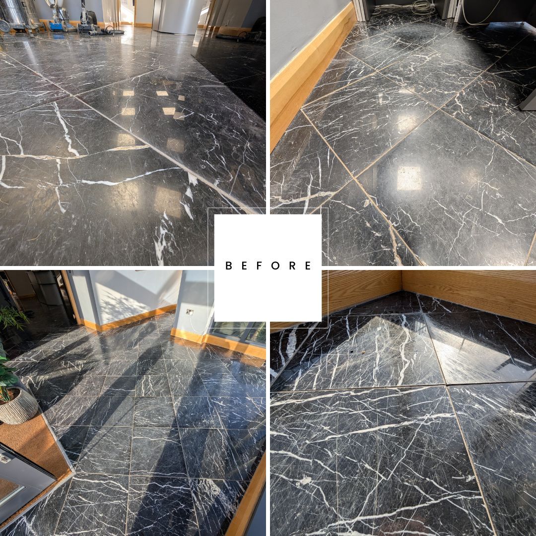 Collage of black marble floor before restoration by Quality Tile Care in Oldham. The images show dull, stained, scratched and worn tiles in need of deep cleaning, polishing, and sealing to restore their natural beauty.