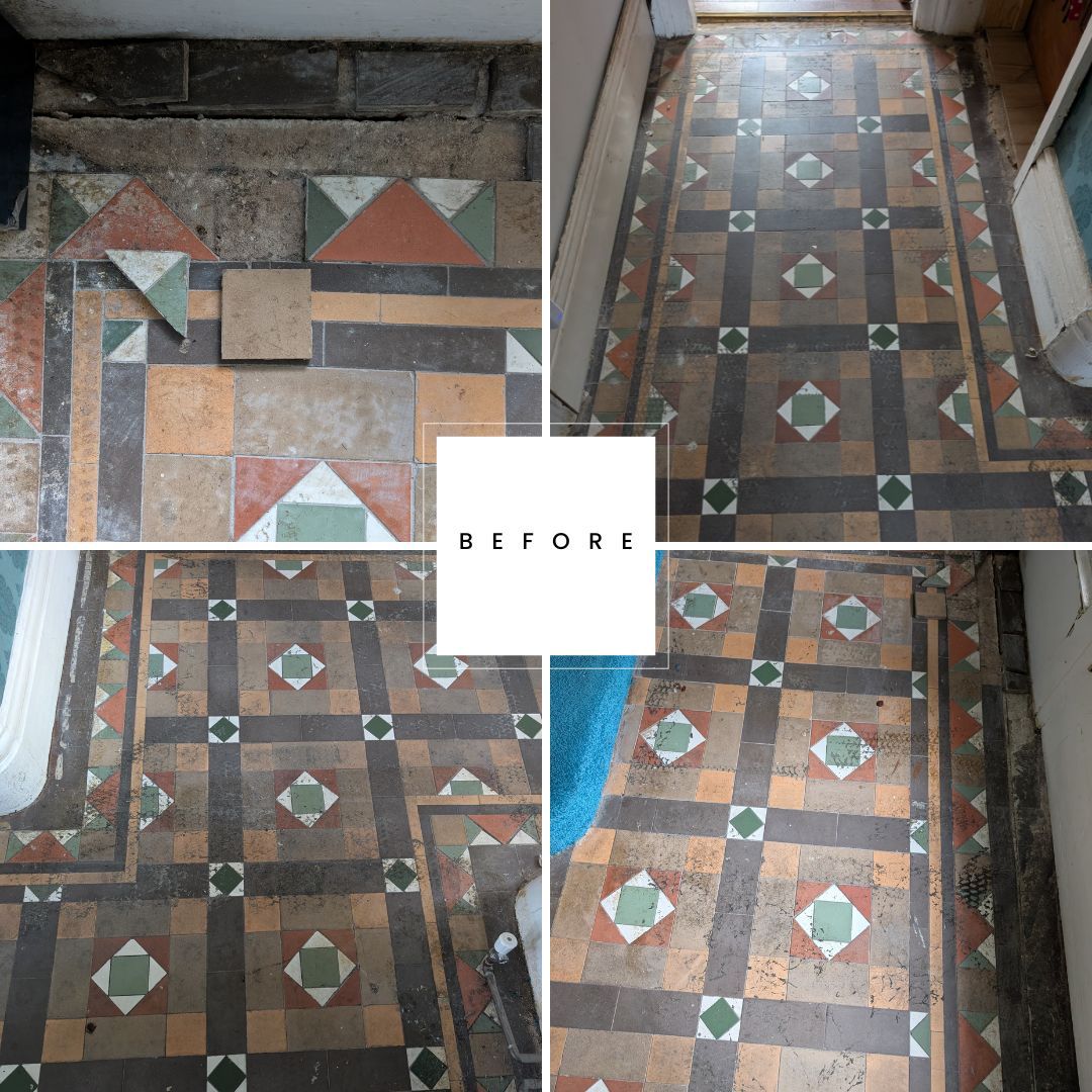 Collage of a Victorian hallway floor before restoration, showing dull, dirty, and lifeless tiles hidden under years of carpet. The intricate geometric patterns are barely visible due to ingrained dirt and staining.