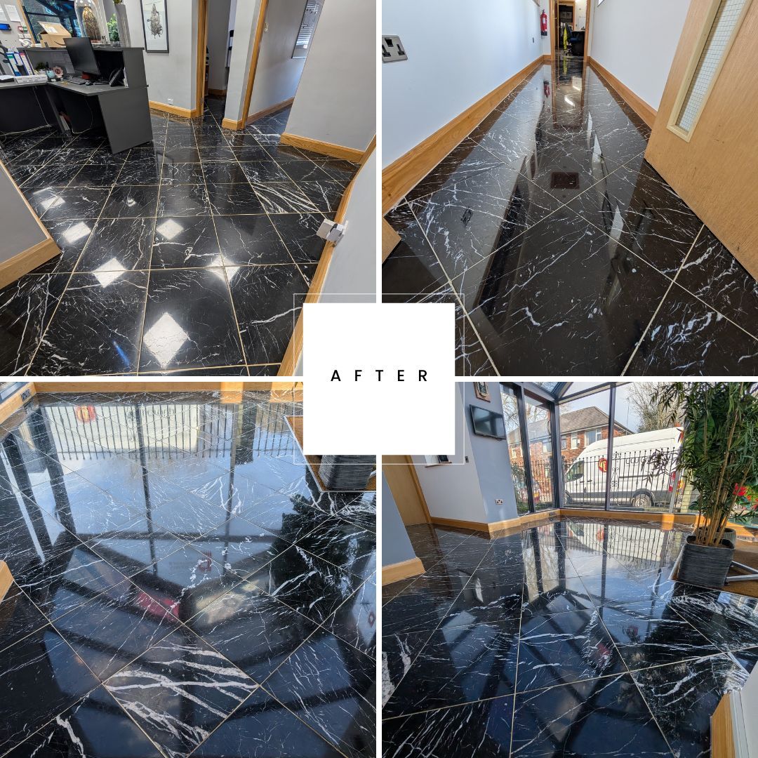 Collage of black marble floor after professional restoration by Quality Tile Care in Oldham. The images highlight the floor’s transformation, showcasing a deep-cleaned, polished, and sealed surface with a high-sheen finish.