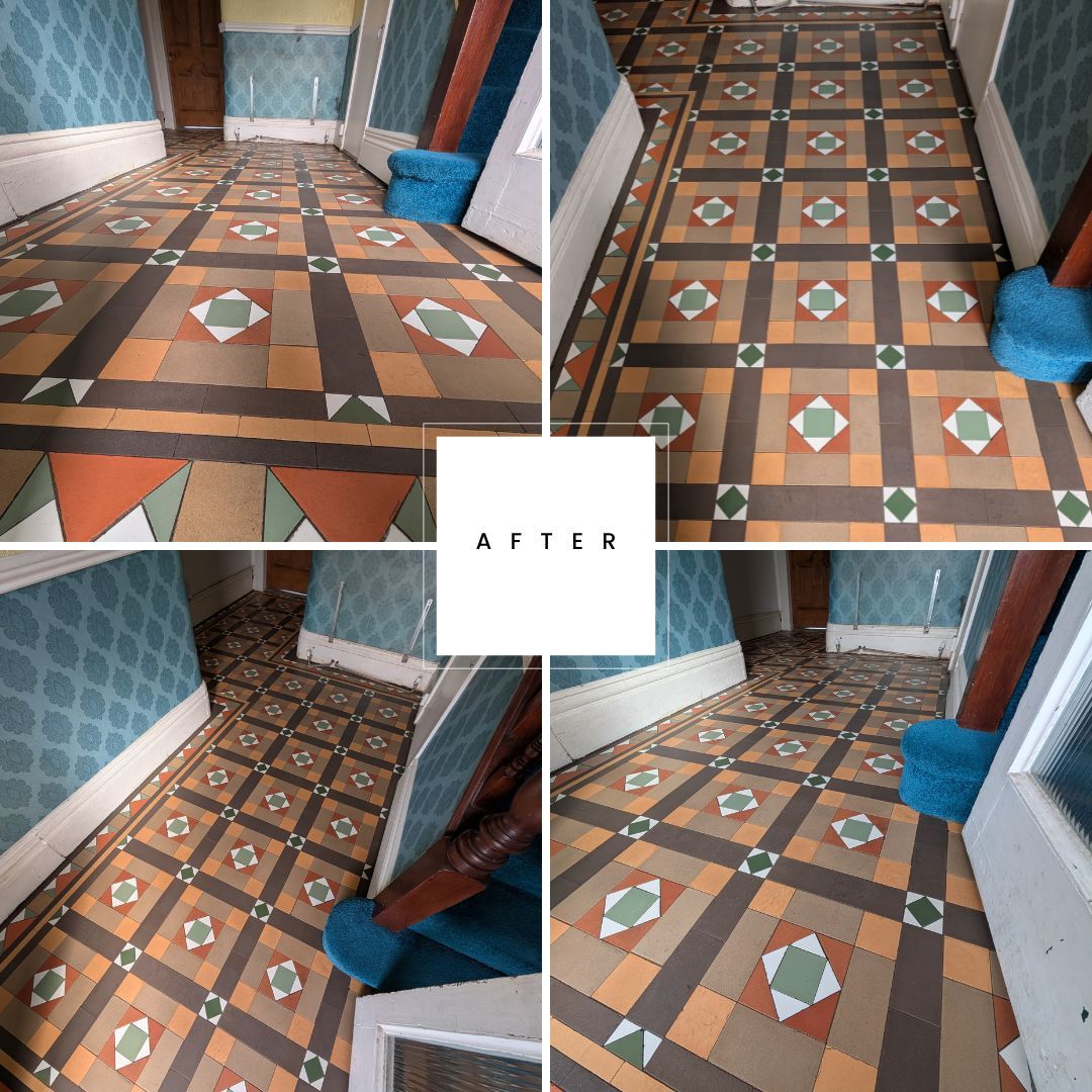 Collage of a Victorian hallway floor after professional restoration by Quality Tile Care. The tiles are vibrant, deeply cleaned, and sealed with a colour-enhancing impregnating sealer, showcasing bright geometric patterns and a polished, timeless look.