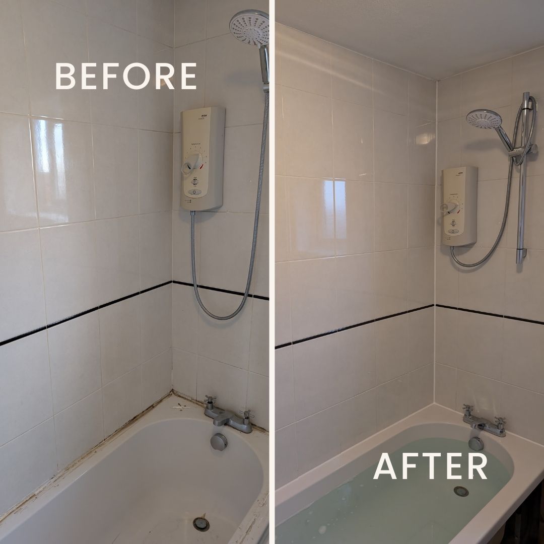 Before and after collage of a shower bath area in Didsbury restored by Quality Tile Care