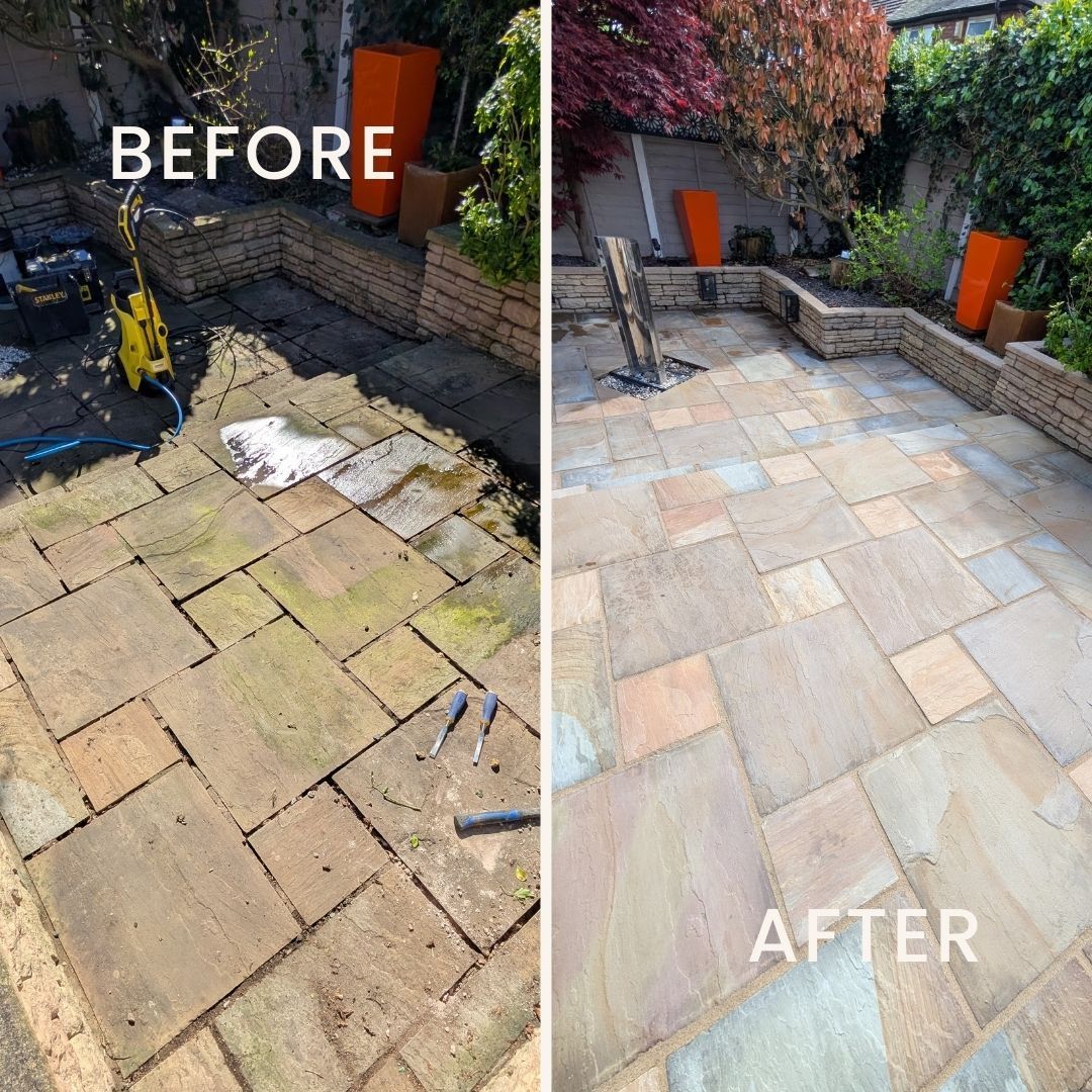 Patio regrouting, deep cleaning and restoration in Irlam, Greater Manchester. Before and after photo