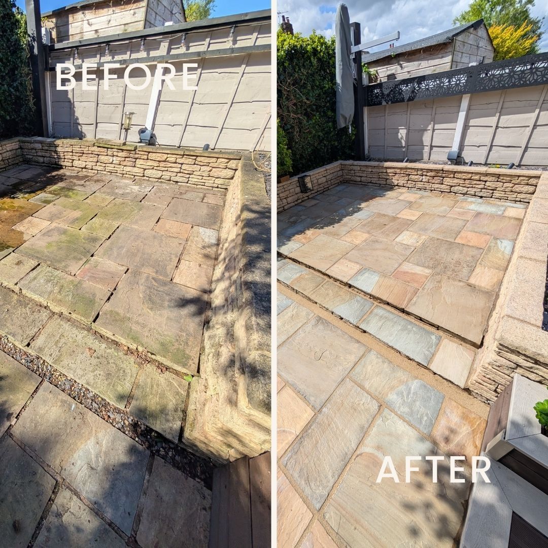 Close-up of patio corner with missing grout and dirt accumulation on rough flagstones and wall top tiles. Same corner of patio with secure tiles, new grout applied, and clean stone surfaces after deep clean and sealing.