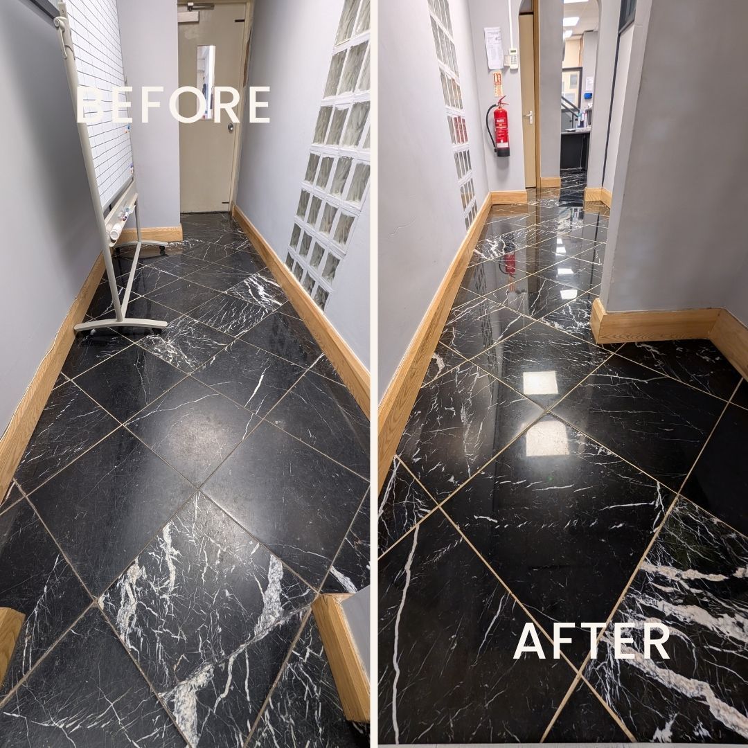 Marble floor before and after polishing to a shiny finish and sealing with Fila colour-enhancing impregnating sealer.