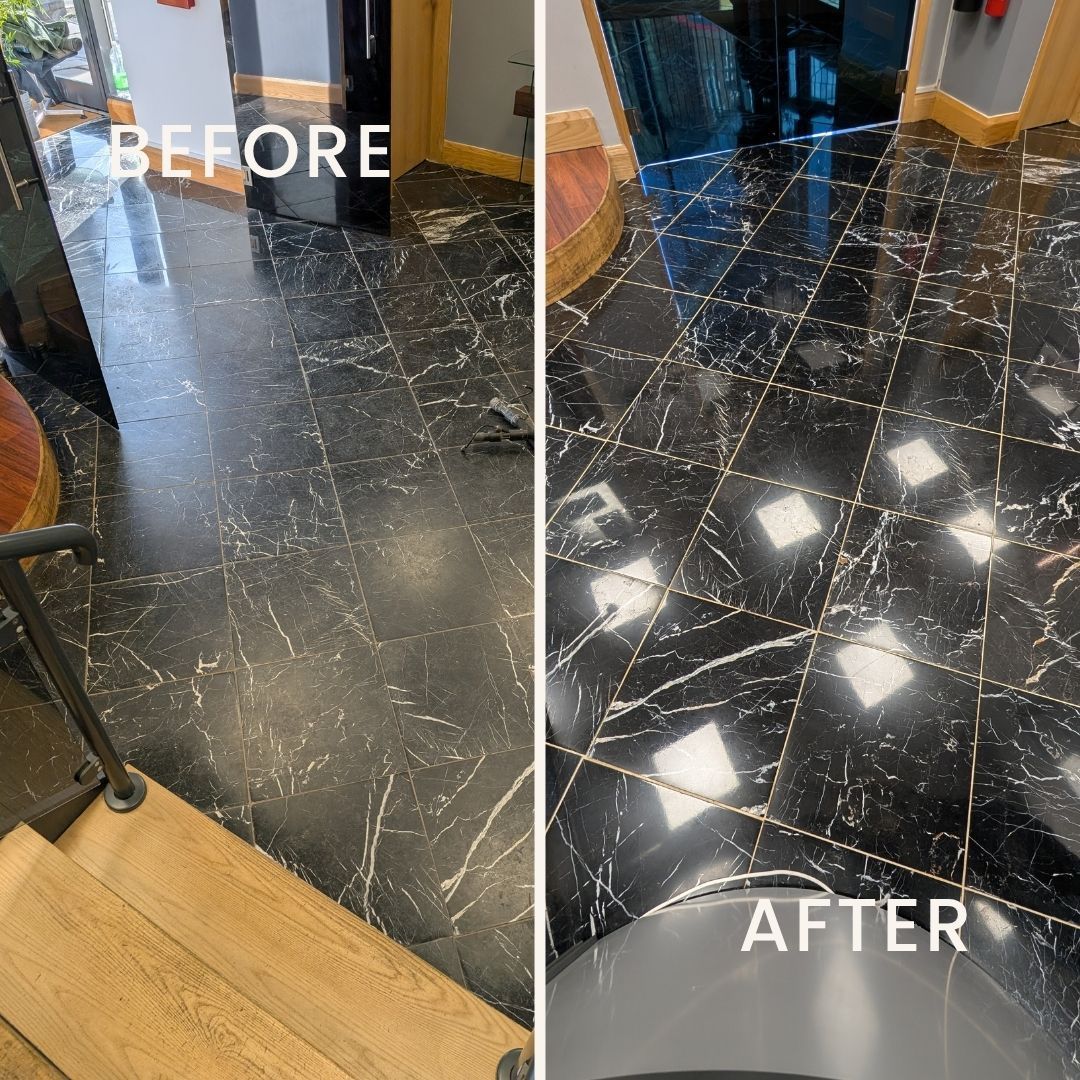 Marble restoration, polishing, deep cleaning and sealing in an office in Oldham - before and after.