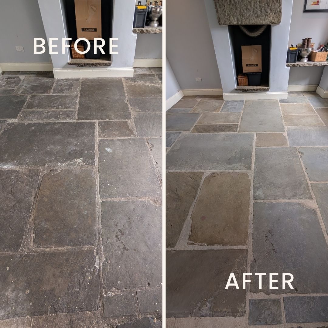 Before after flagstone floor deep cleaning and sealing in Lancashire showing restored natural stone