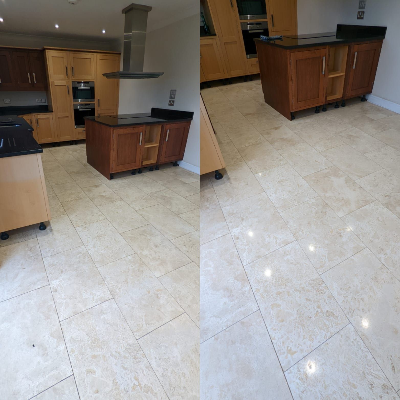 Limestone travertine deep cleaning, polishing, sealing and grout cleaning in Greater Manchester. Filling in holes with a resin filler.