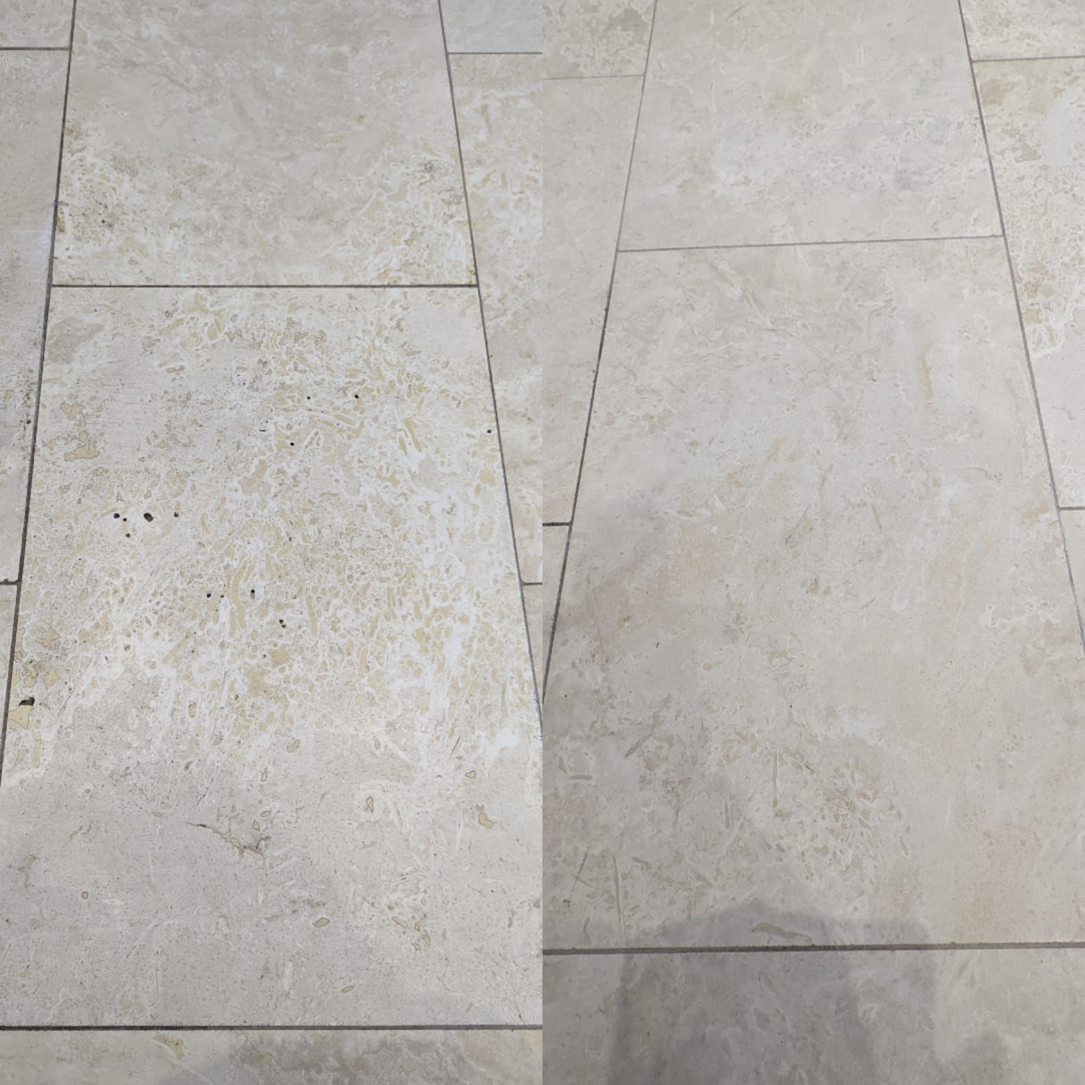 Limestone travertine deep cleaning, polishing, sealing and grout cleaning in Greater Manchester. Filling in holes with a resin filler.