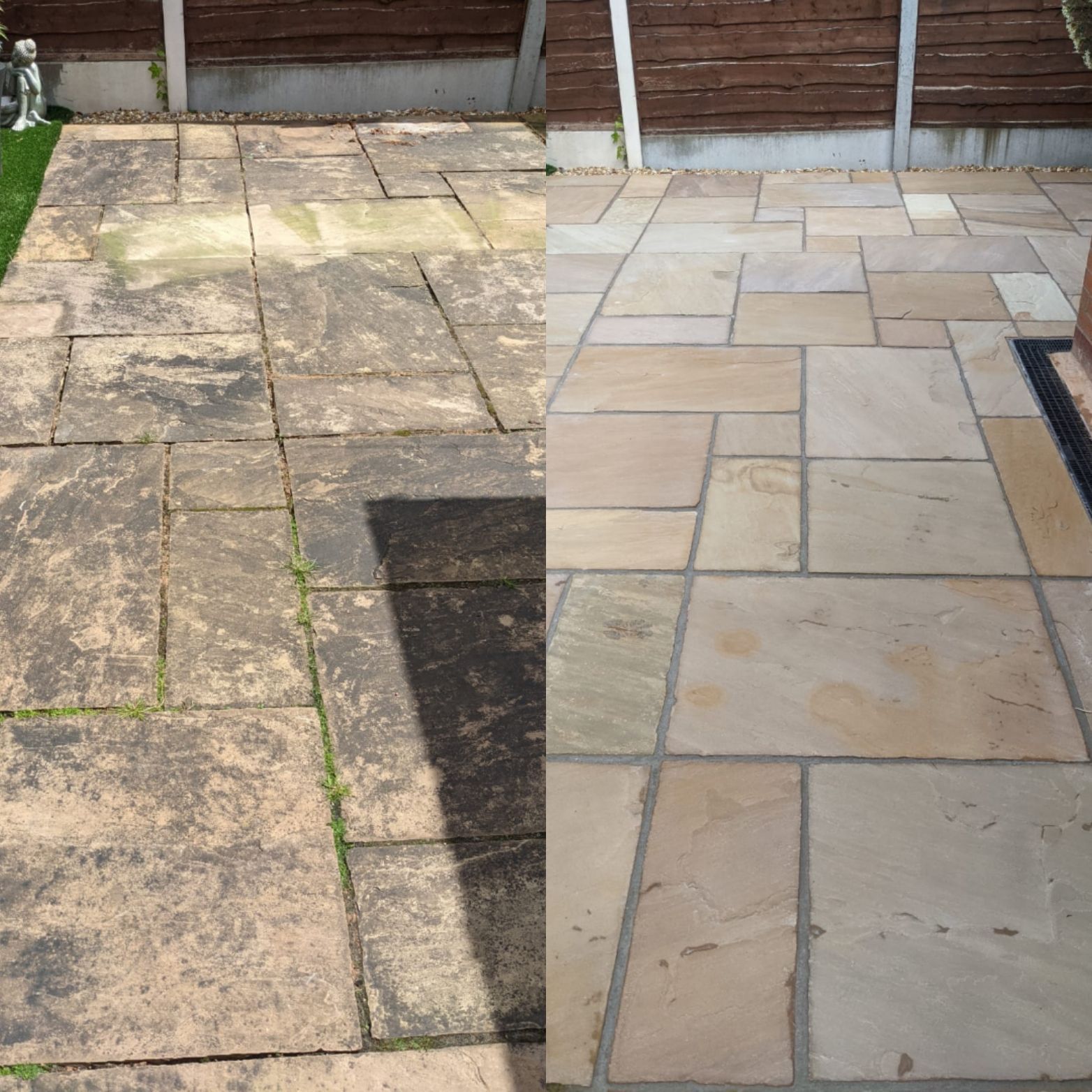 Indian Sandstone patio full restoration - deep cleaning, regrouting and sealing in Greater Manchester.