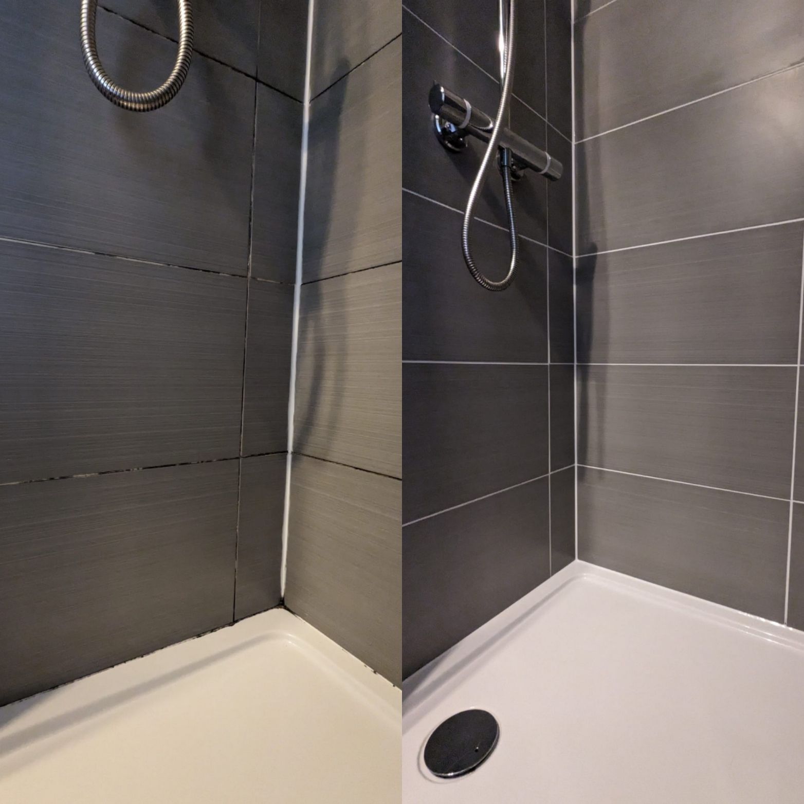 SHOWER AND BATH AREA RESTORATION with mouldy silicone sealant and dicoloured grout IN MANCHESTER, GREATER MANCHESTER
