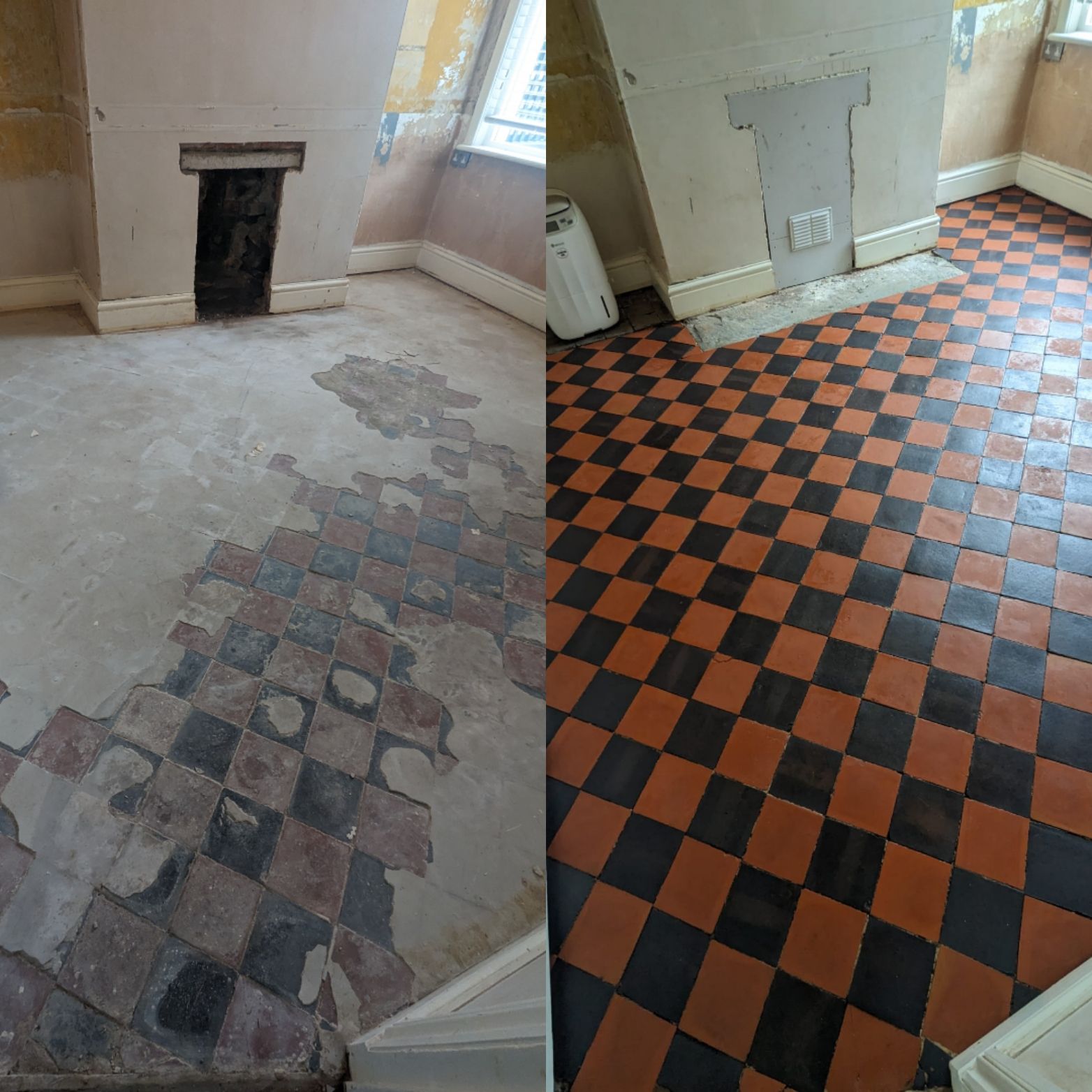 Quarry floor tiles restoration in Stockport, deep cleaning, self-levelling compound removal sealing 