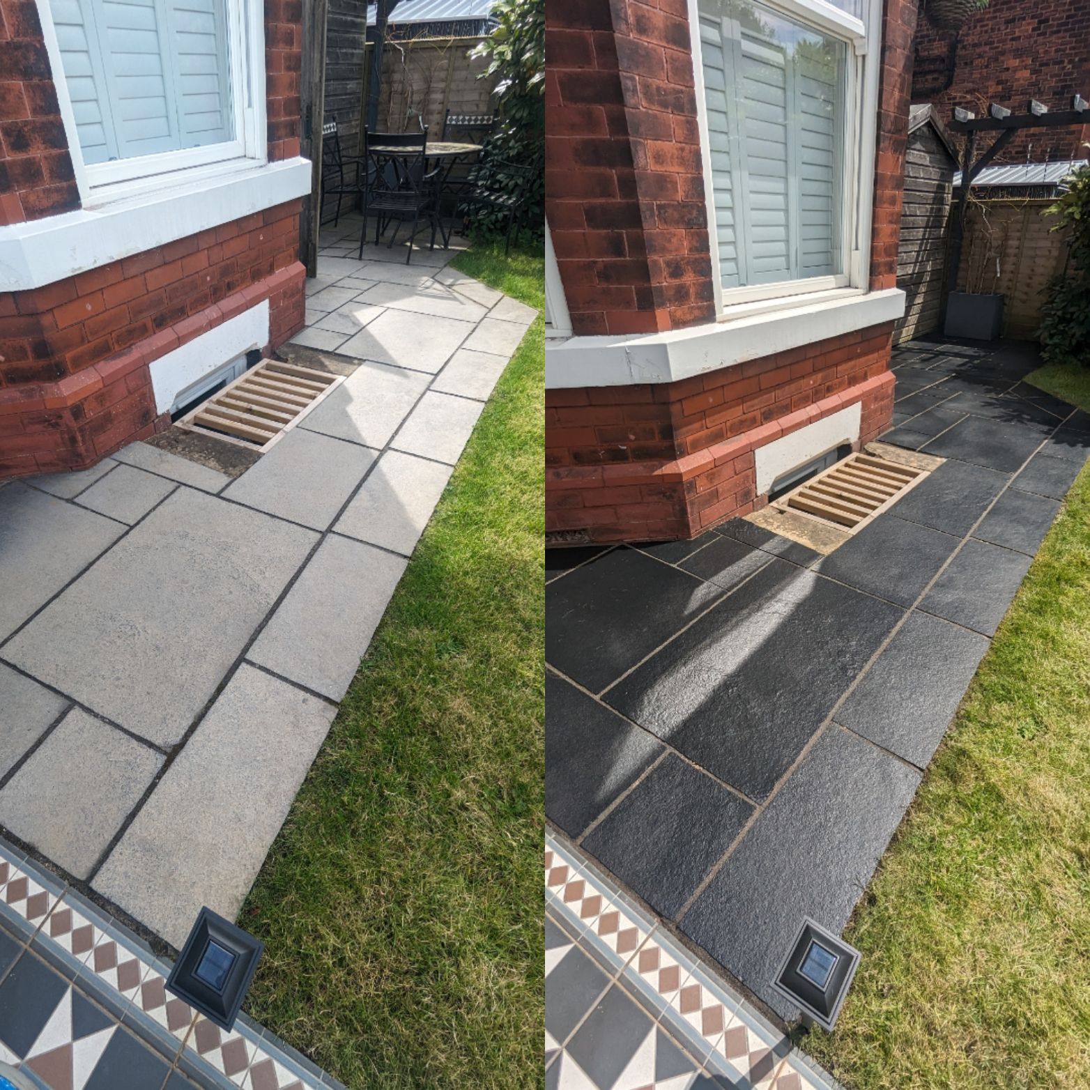 BLACK LIMESTONE PATIO IN STOCKPORT, GREATER MANCHESTER. Deep cleaning and sealing. Hindley, Wigan