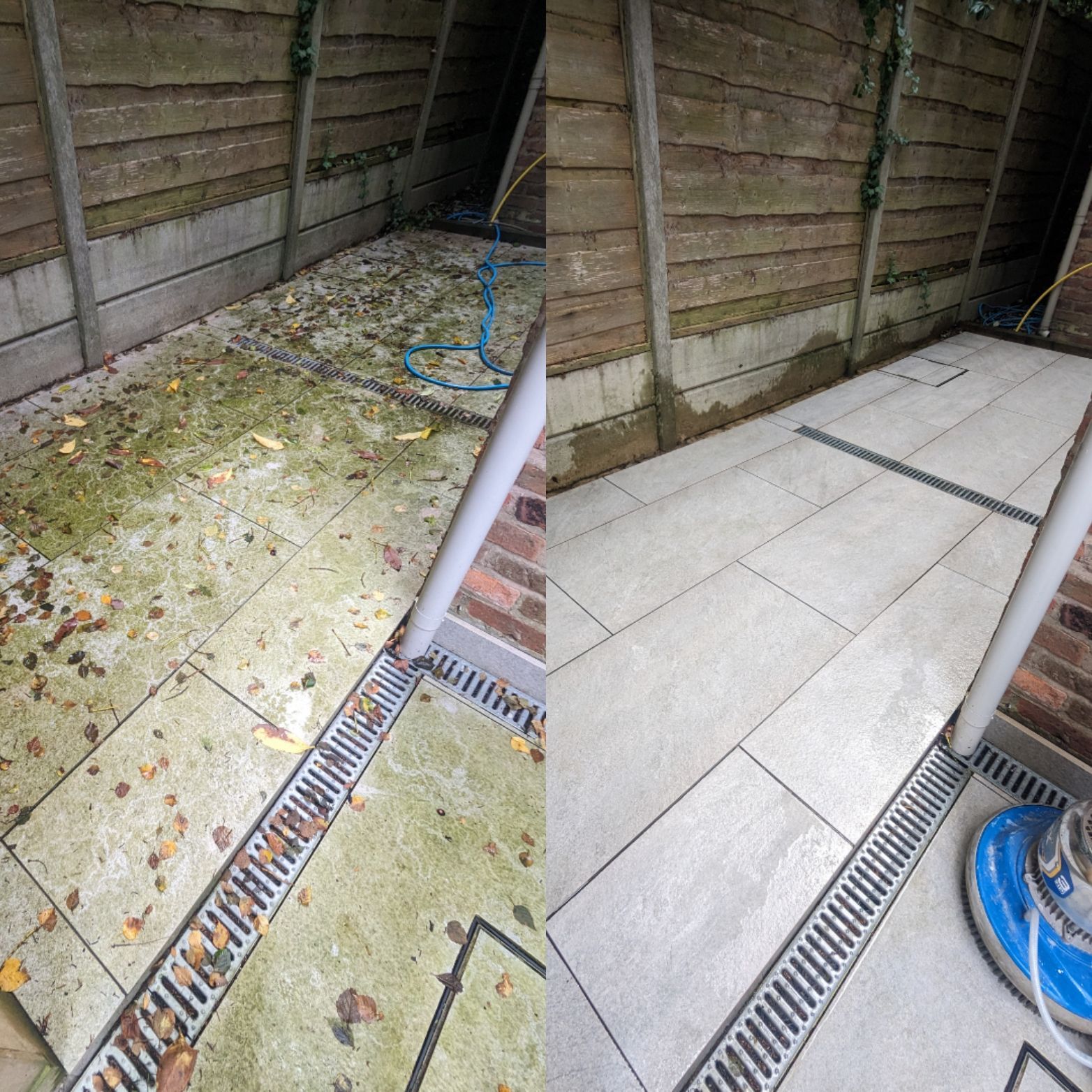 Patio deep cleaning, alderley edge
tile-grout-cleaning-before-after
Comparison of muddy, algae-covered porcelain patio tiles before and after a deep cleaning by Quality Tile Care in Alderley Edge, revealing restored, slip-free surfaces.
Cover Greater Manchester, Liverpool, Lancashire, Derbyshire. Based in Hindley, Wigan. 