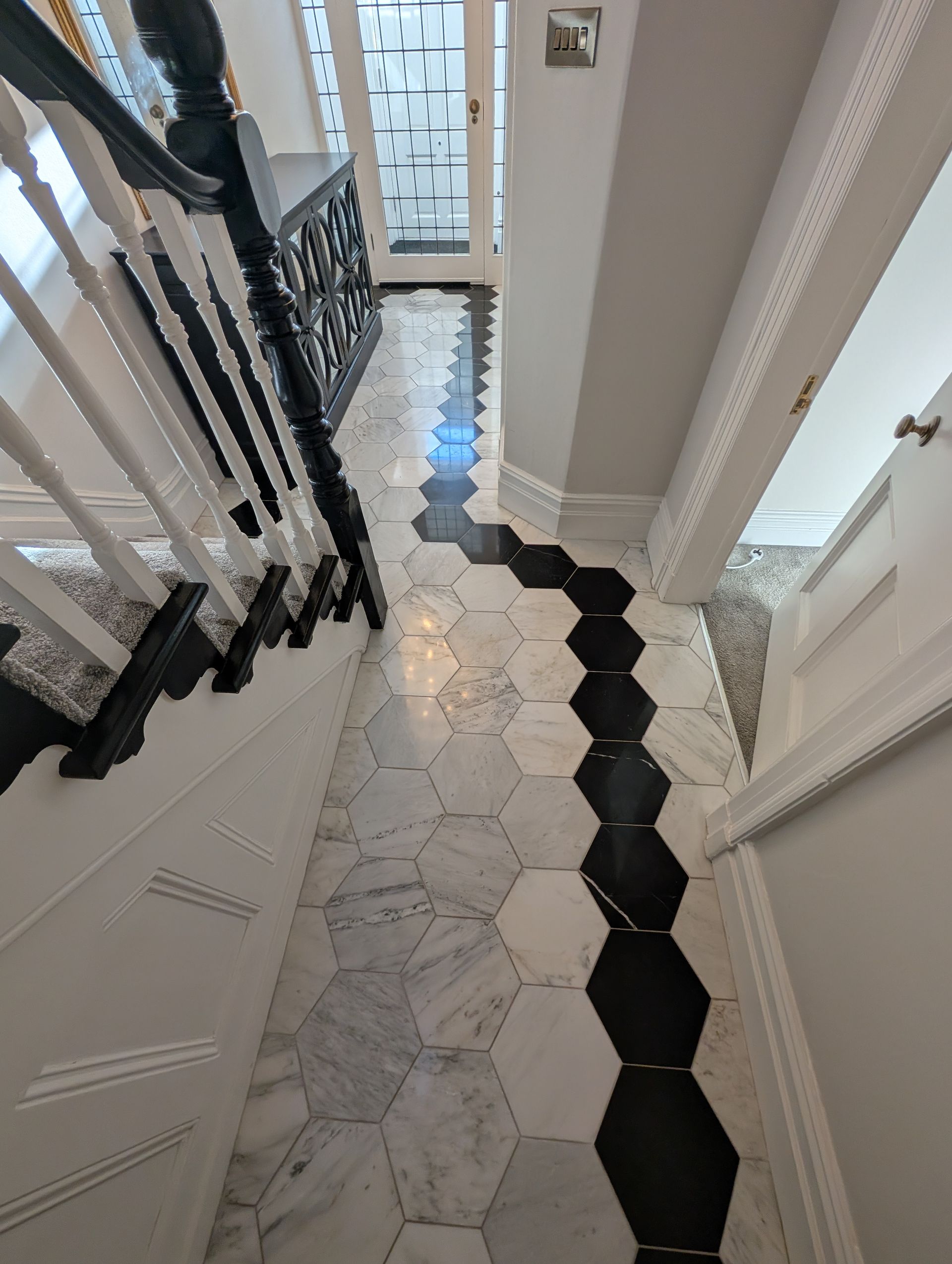 After marble floor restoration in Lancashire showing polished marble with a medium sheen finish