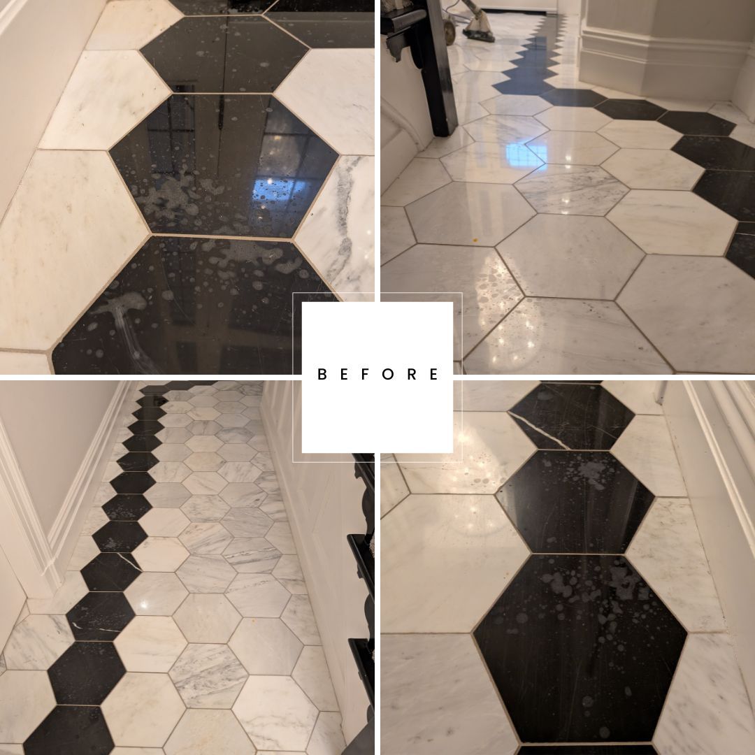 Collage of marble floor before restoration in Lancashire showing widespread staining, dull finish, and grout discolouration.